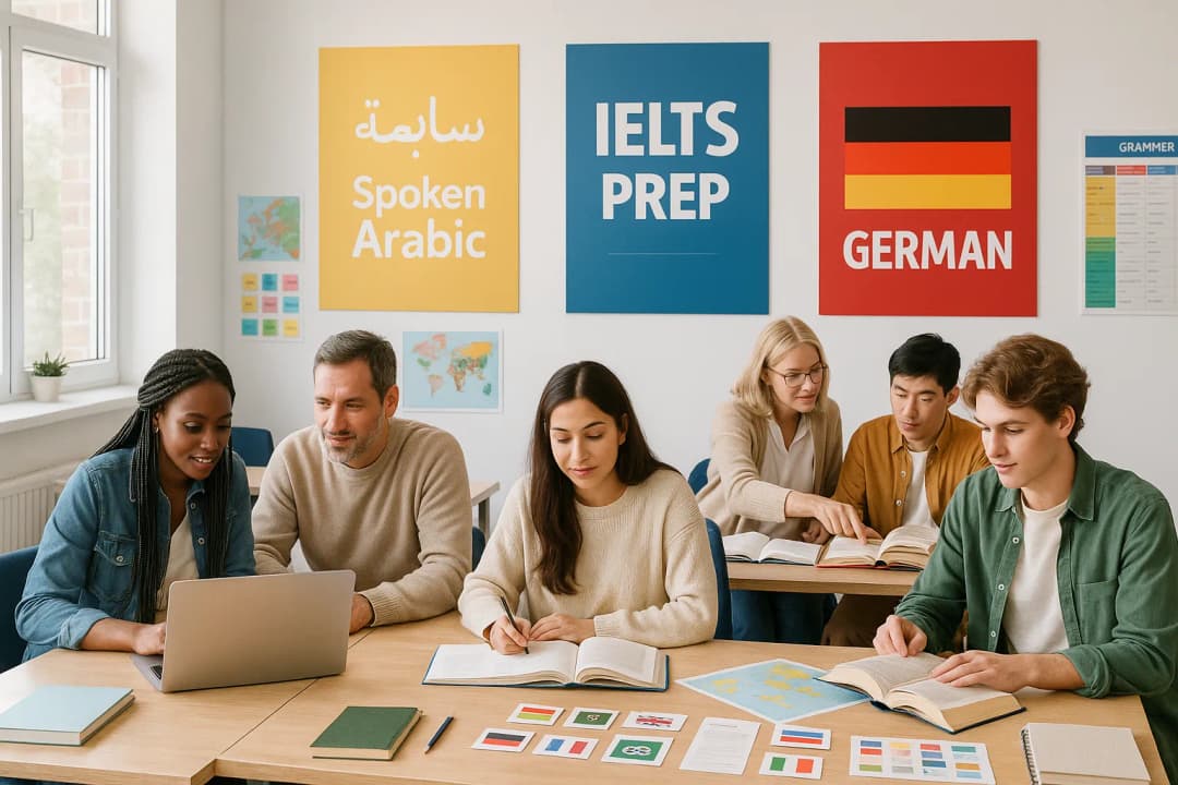 Bright, modern language learning classroom featuring wall-mounted screens and posters displaying Spoken Arabic, IELTS prep, and German course modules. Students of various ages and nationalities work with laptops and textbooks while learning materials including flashcards, maps, and grammar charts are visible around the professionally designed, naturally-lit space.