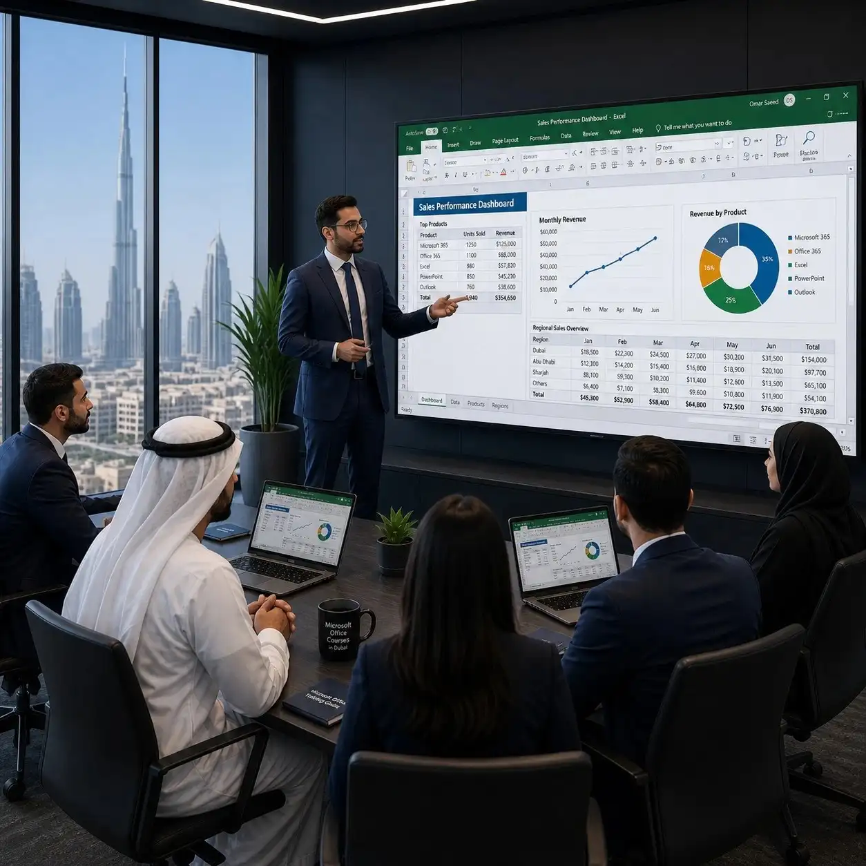 Business professionals attending a Microsoft Excel training session in Abu Dhabi with a presenter explaining a sales dashboard on screen