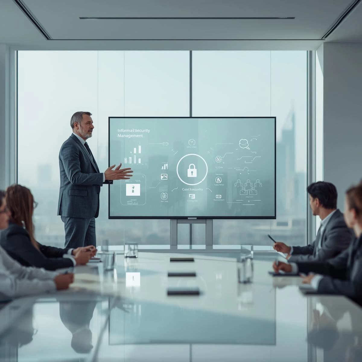 A business professional stands at the front of a modern conference room, presenting a cybersecurity strategy on a large digital display featuring charts and security icons. Several colleagues sit around a table, watching attentively and taking notes as the presenter explains the information.