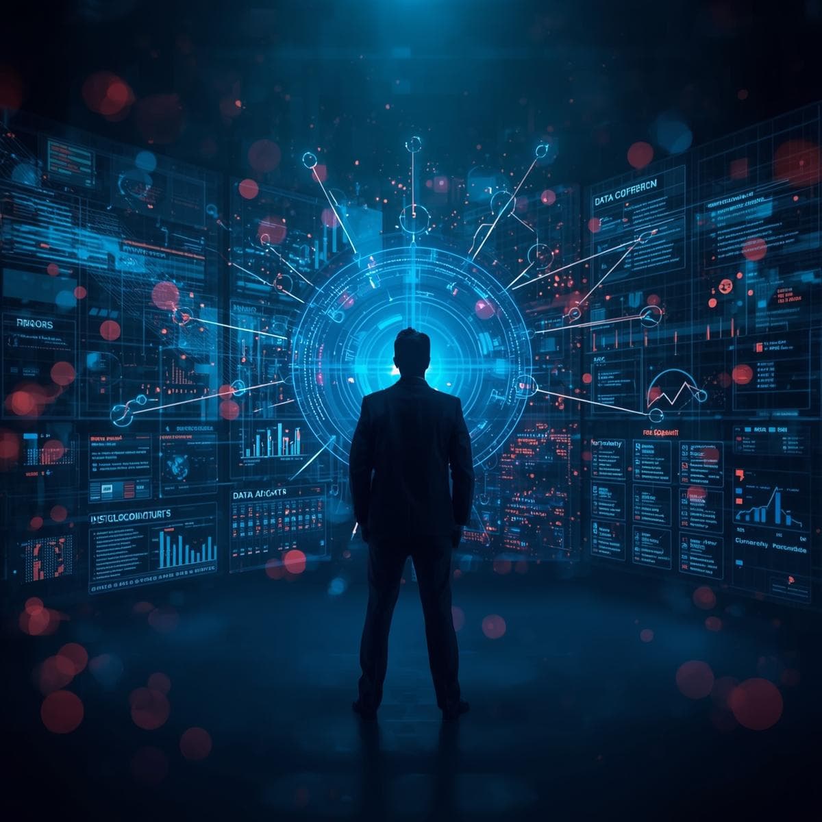 Professional standing in front of futuristic data visualizations and network graphics, representing how CDMP certification empowers careers in the 2025 data revolution.