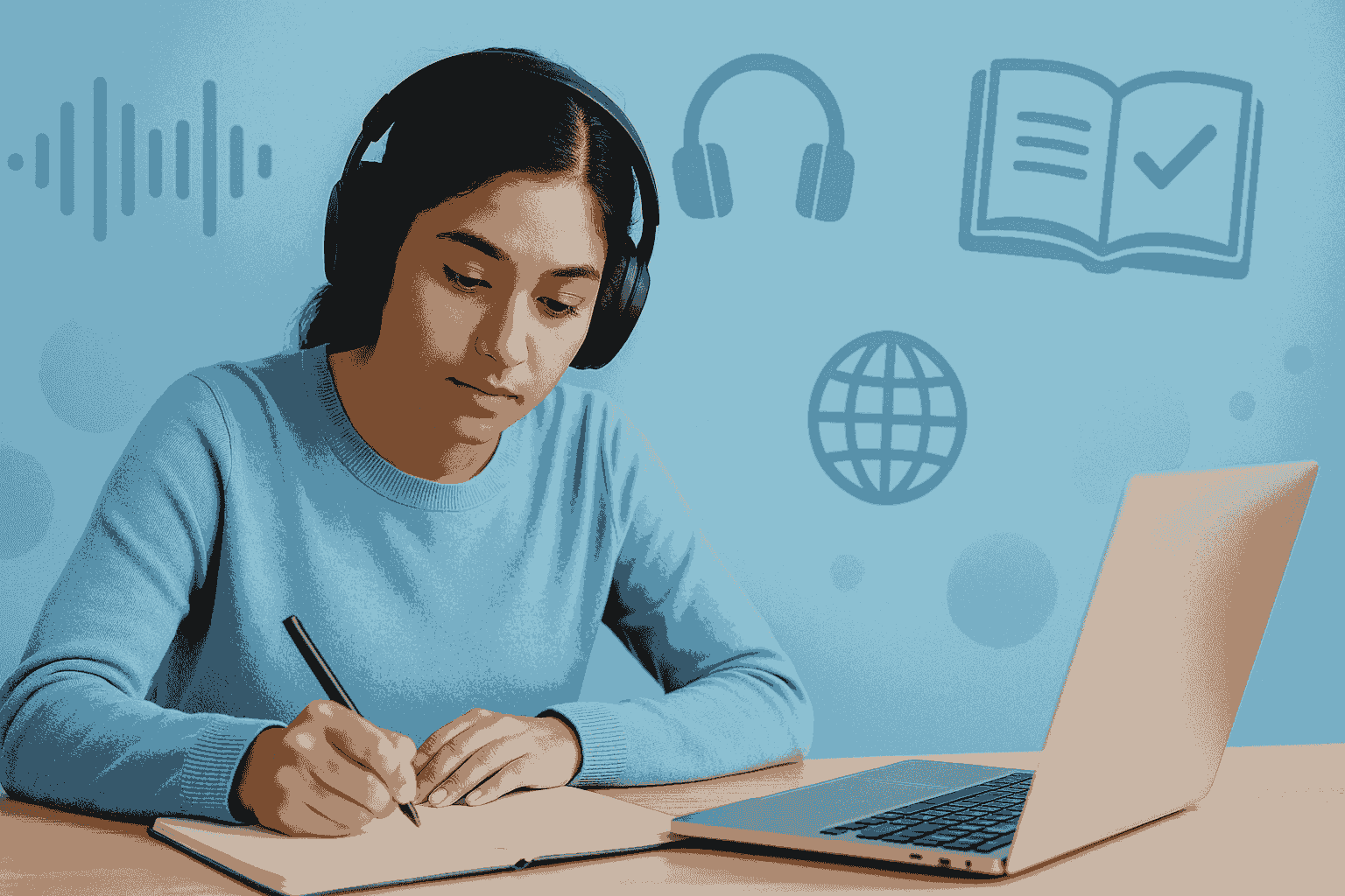 Student wearing headphones and taking notes while studying for IELTS listening test, with background elements like sound waves, books, and a laptop, designed in bright blue and teal tones for an educational blog.
