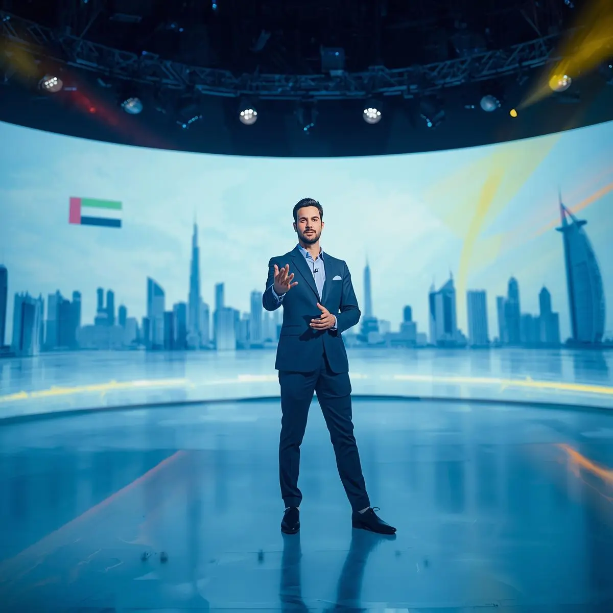 A zoomed-out image of a professional male presenter showcasing programming courses, with a subtle Dubai skyline and futuristic tech background in blue, white, and yellow colors.