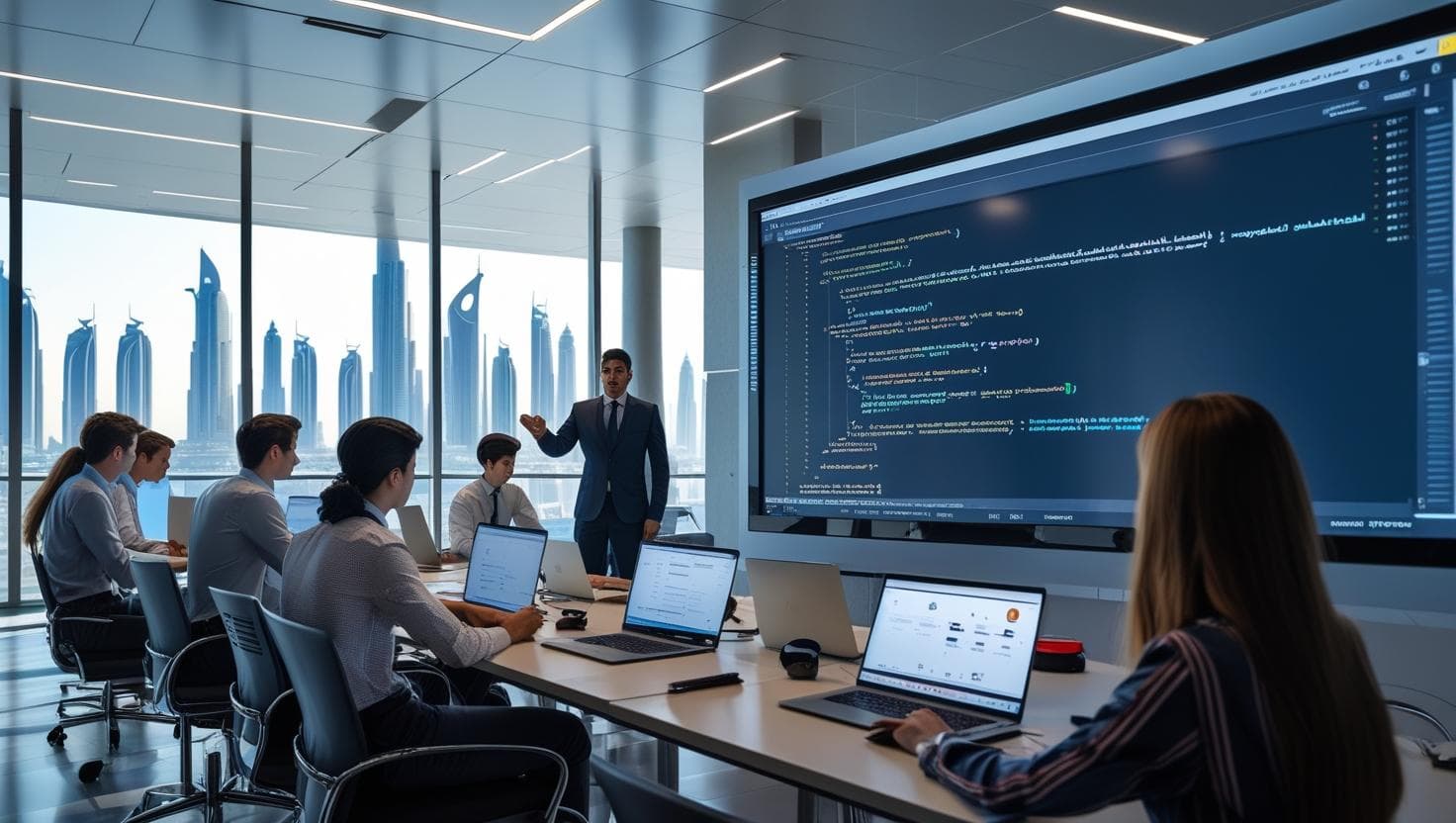 Modern classroom in Abu Dhabi with diverse professionals learning JavaScript, instructor presenting code on a large screen, city skyline visible through windows.