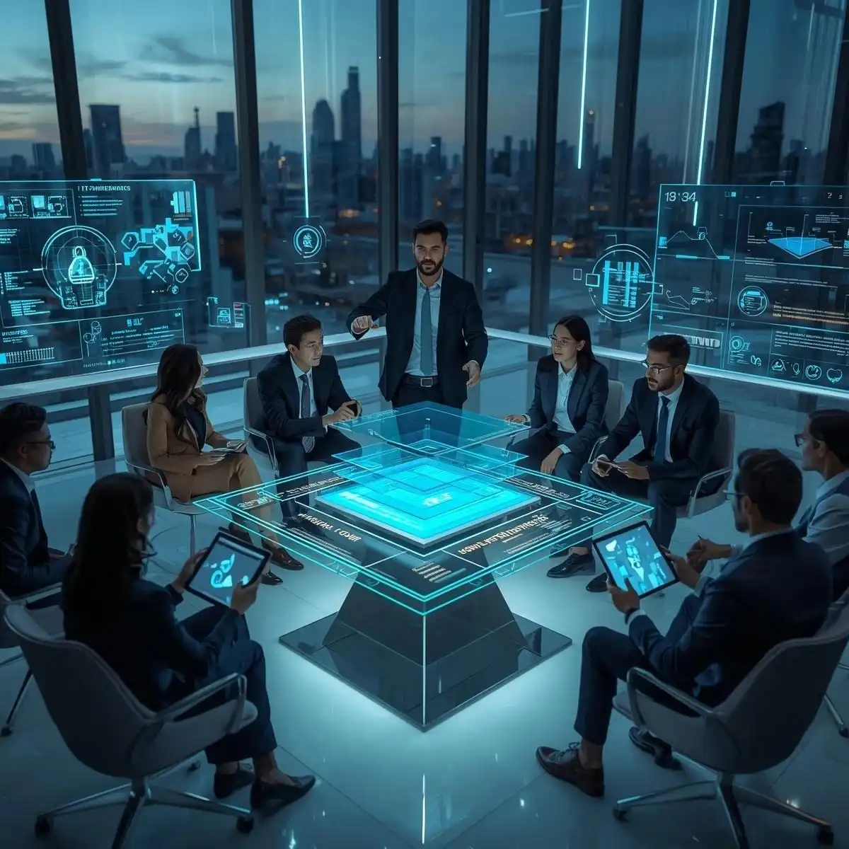 A group of professionals is gathered around a table in a bright, modern office with glass walls, working together on laptops and a tablet. They are smiling and engaged, suggesting a collaborative and positive team discussion. Above them, subtle overlay graphics of charts and data visualizations appear, reinforcing a theme of business analytics, strategy, and data-driven decision-making.