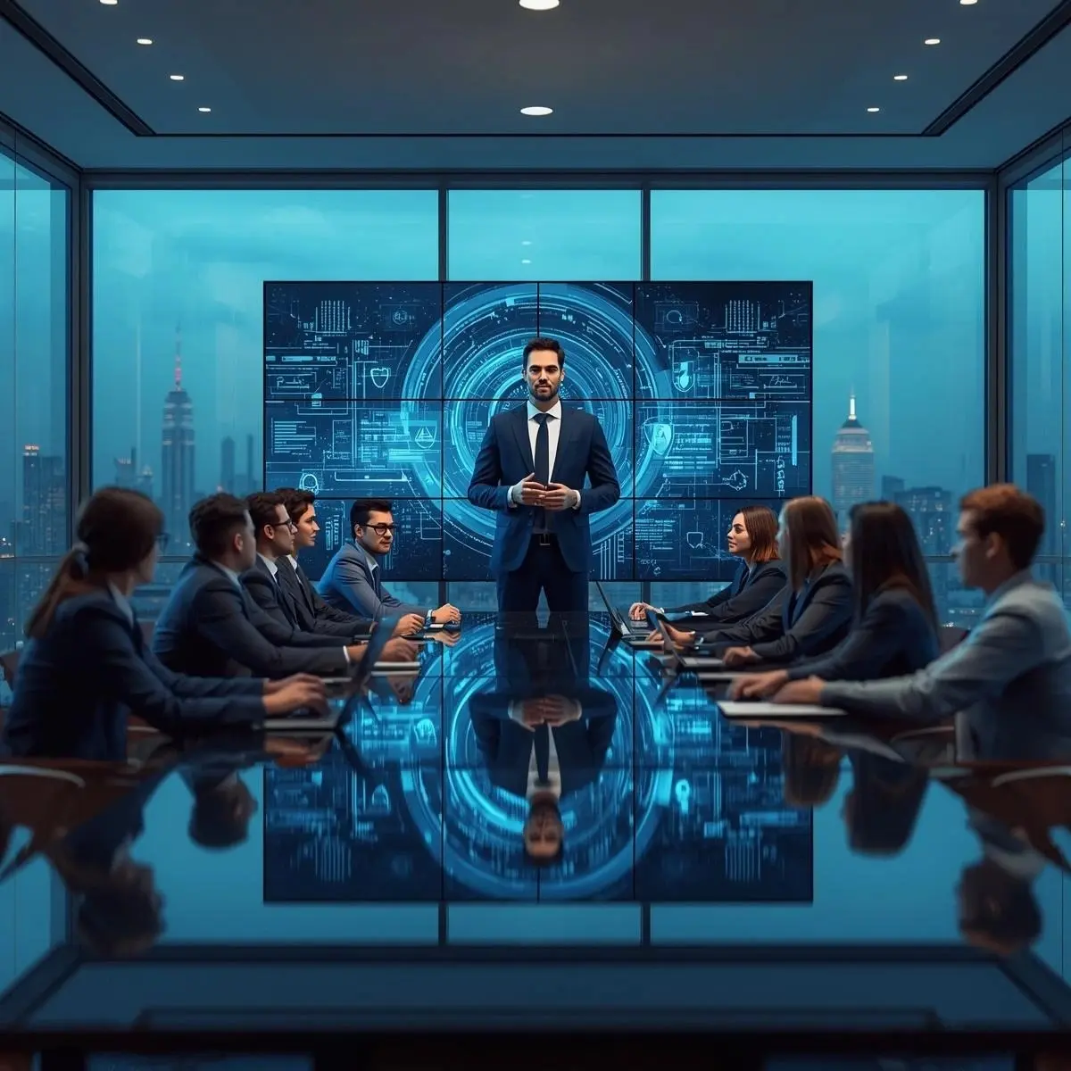 Corporate CEH training session with instructor presenting cybersecurity concepts on digital screen to professionals in a bright modern office with white background and soft blue accents.