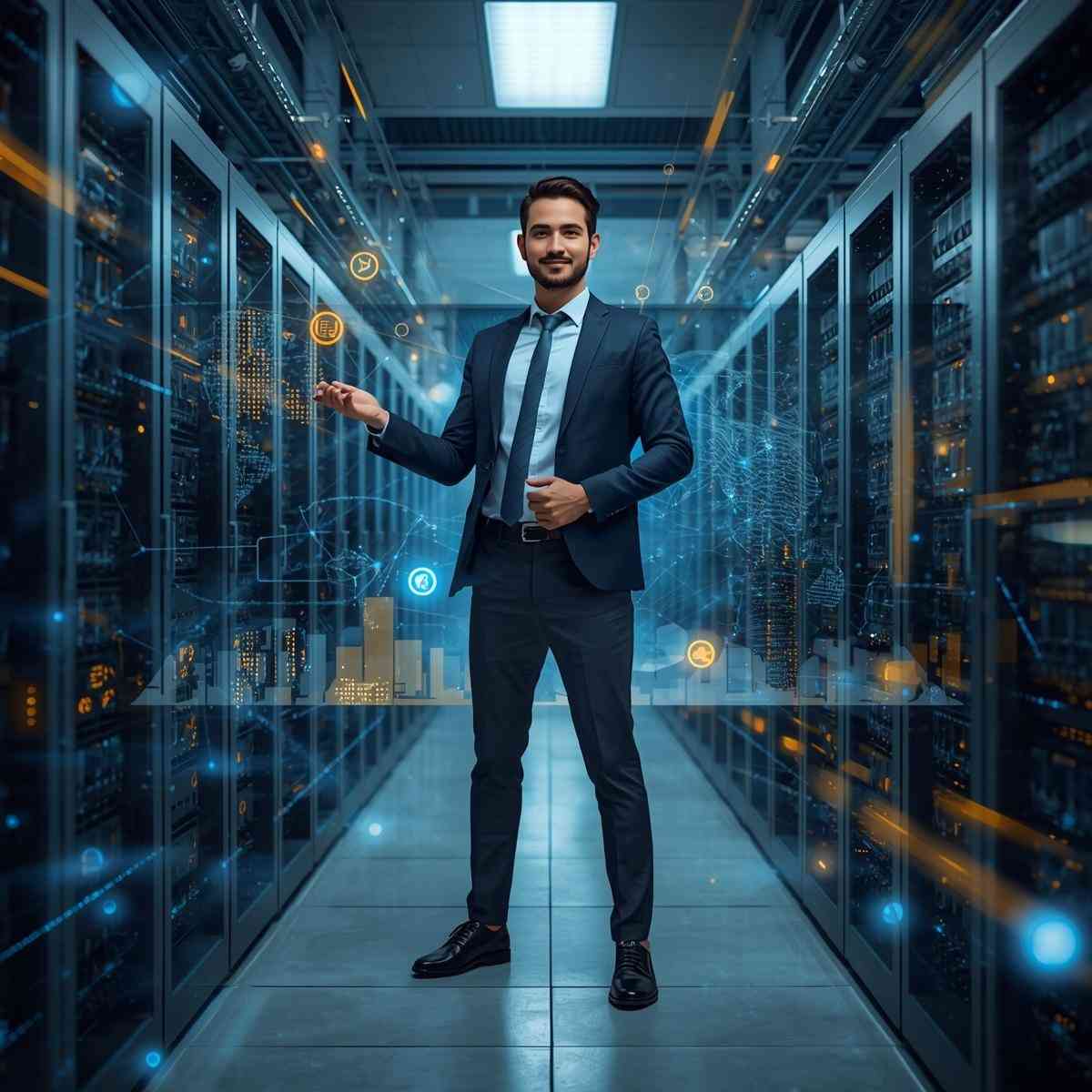 Male IT professional in front of servers and digital networking connections with a futuristic Dubai skyline, representing professional networking courses and certifications in the UAE.