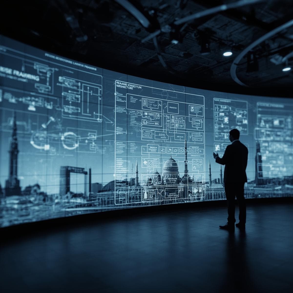 Digital screen displaying TOGAF enterprise architecture framework and layered system diagrams in a modern Abu Dhabi training room, with subtle city skyline in the background symbolizing structured IT strategy and career growth.