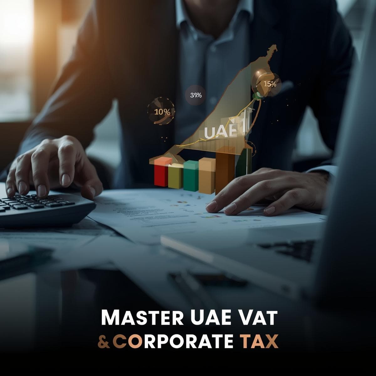 Professional reviewing financial documents with calculator and charts, featuring UAE skyline and tax icons to represent mastering UAE VAT and Corporate Tax.