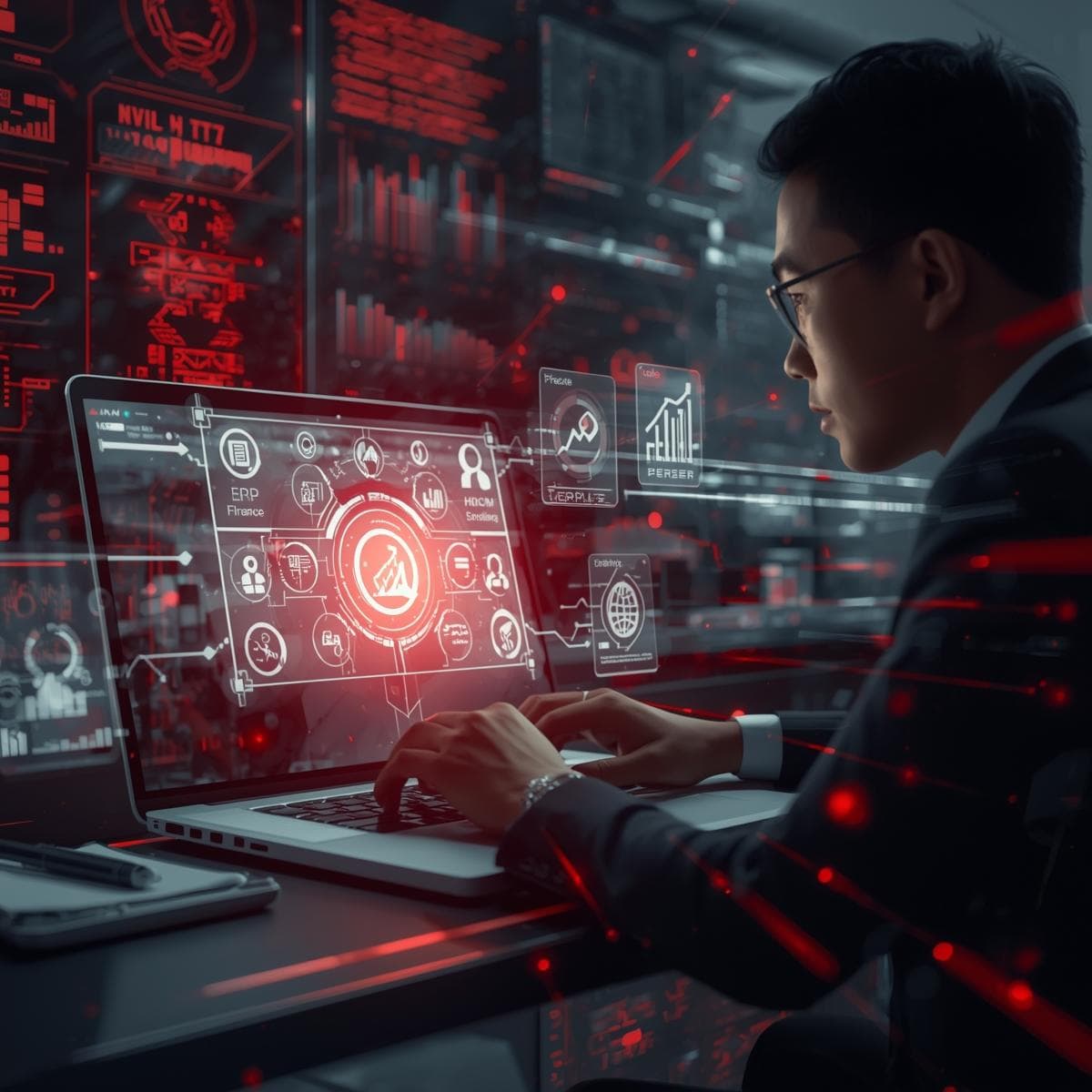 Professional analyzing Oracle Fusion Applications dashboard with ERP module icons and futuristic digital interface elements, representing training for future ERP experts.