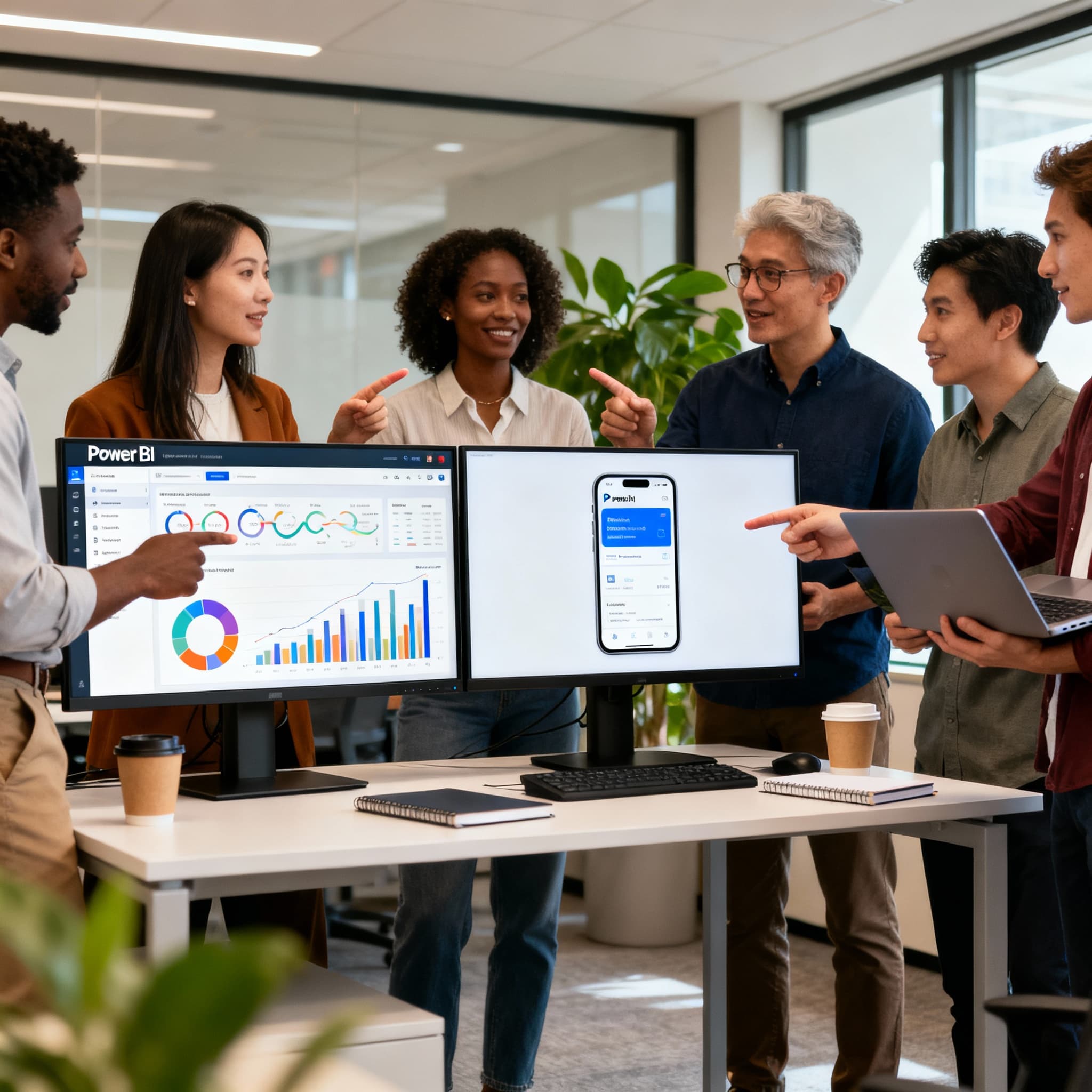A diverse group of business professionals in smart casual attire gathered around dual monitors in a modern office setting, collaboratively analyzing and comparing Power BI dashboard visualizations on one screen and Power BI app interface on the other screen, engaged in discussion about data insights and interface differences