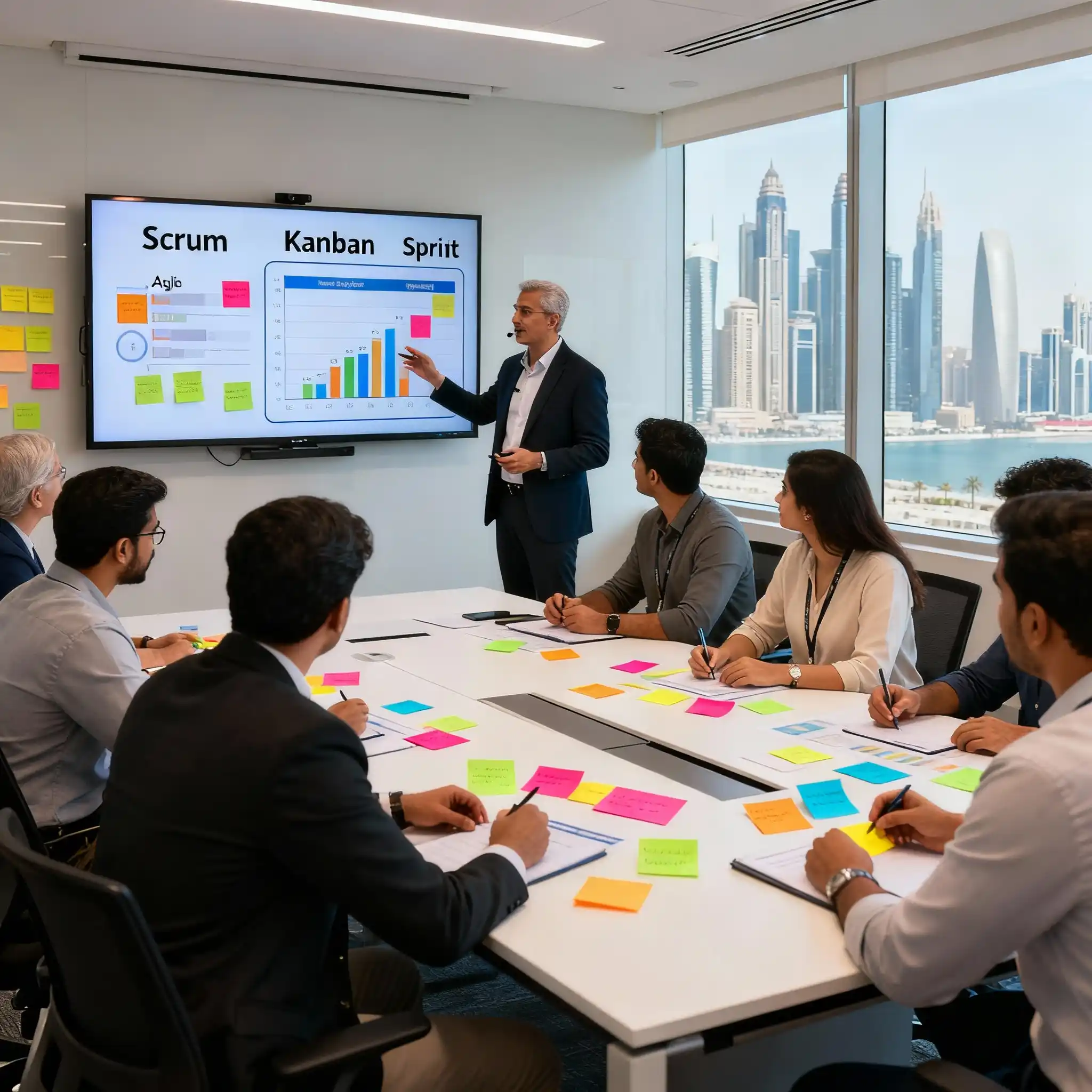 PMI-ACP instructor teaching Agile methodologies to collaborative teams in Abu Dhabi corporate classroom, displaying Scrum boards and Kanban workflows on screen with cityscape background