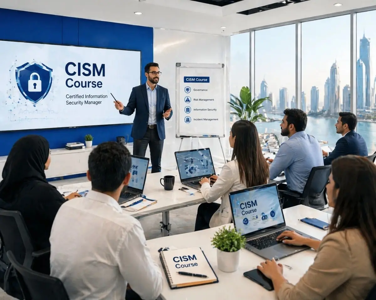 A modern corporate training session where an instructor presents a CISM (Certified Information Security Manager) course to a group of professionals seated around a conference table using laptops and notepads labeled “CISM Course,” with a digital screen displaying cybersecurity topics and a city skyline visible through large office windows.