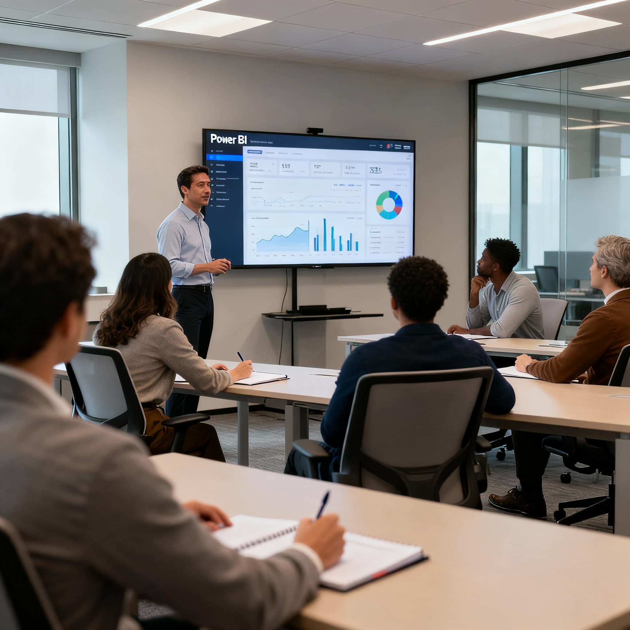 Professional instructor presenting Power BI data dashboards on large screen to diverse group of business professionals taking notes on laptops in bright modern office training room