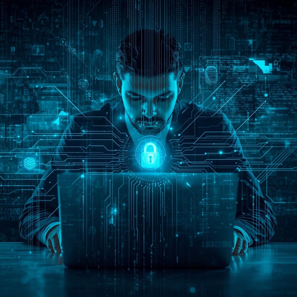 Digital lock and network graphics with a cybersecurity professional working on a laptop, symbolizing how cybersecurity certifications can advance an IT career.