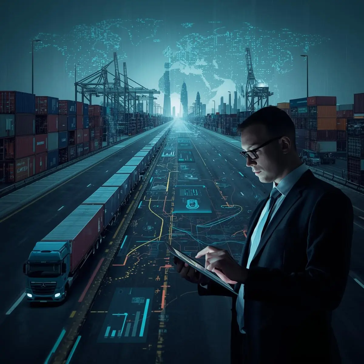 Logistics professional reviewing supply chain operations with cargo containers, delivery trucks, and warehouse visuals, with subtle Abu Dhabi elements, representing a logistics and supply chain management course in Abu Dhabi.