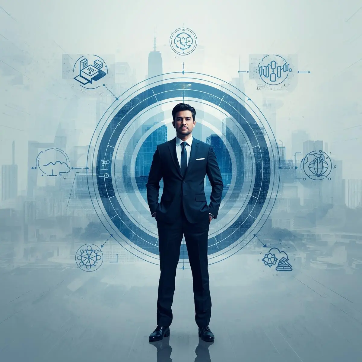 Front-facing professional male in a business suit standing confidently with layered enterprise architecture framework visuals, ADM-style circular diagram graphics, and futuristic IT infrastructure elements in deep blue and dark azure tones.