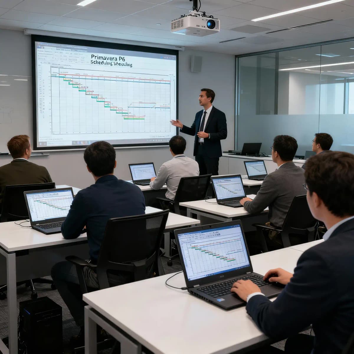 Professional instructor teaching Primavera P6 project scheduling software to corporate professionals in modern training classroom with laptops displaying Gantt charts