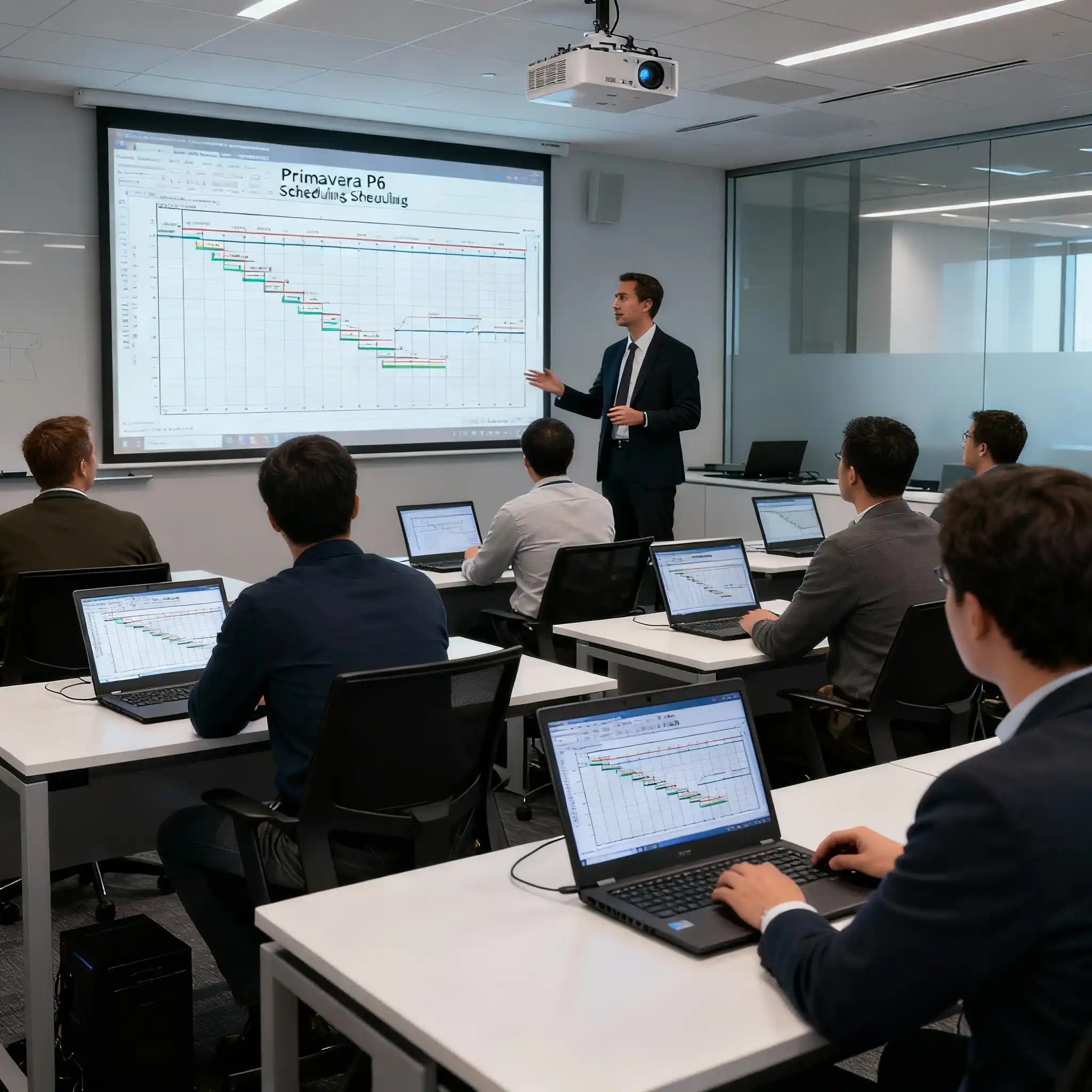 Professional instructor teaching Primavera P6 project scheduling software to corporate professionals in modern training classroom with laptops displaying Gantt charts