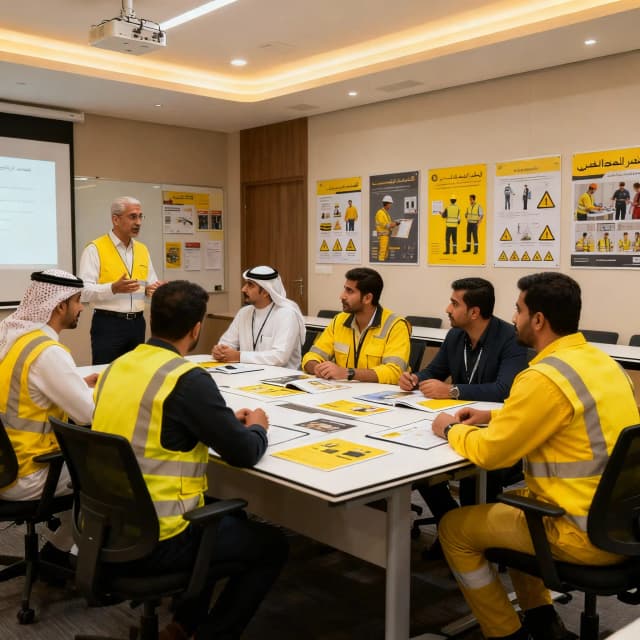 NEBOSH IGC training classroom in Abu Dhabi with safety materials and professionals