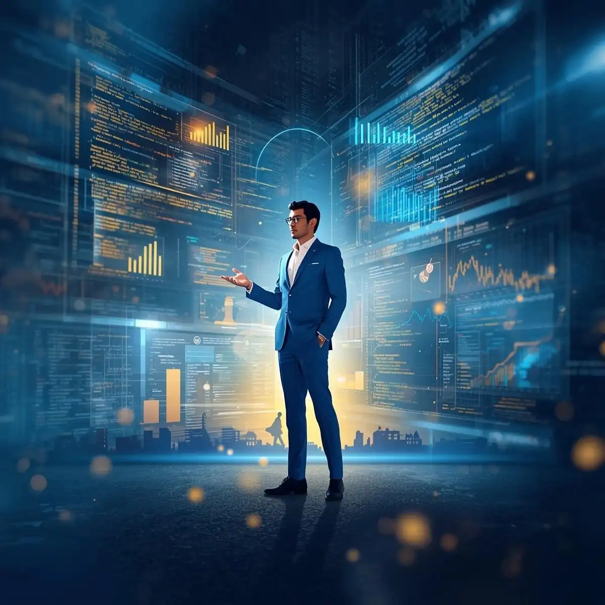 A professionally dressed man in a blue suit stands in a futuristic digital environment surrounded by large transparent screens displaying code, data charts, and analytics, representing data science and technology.