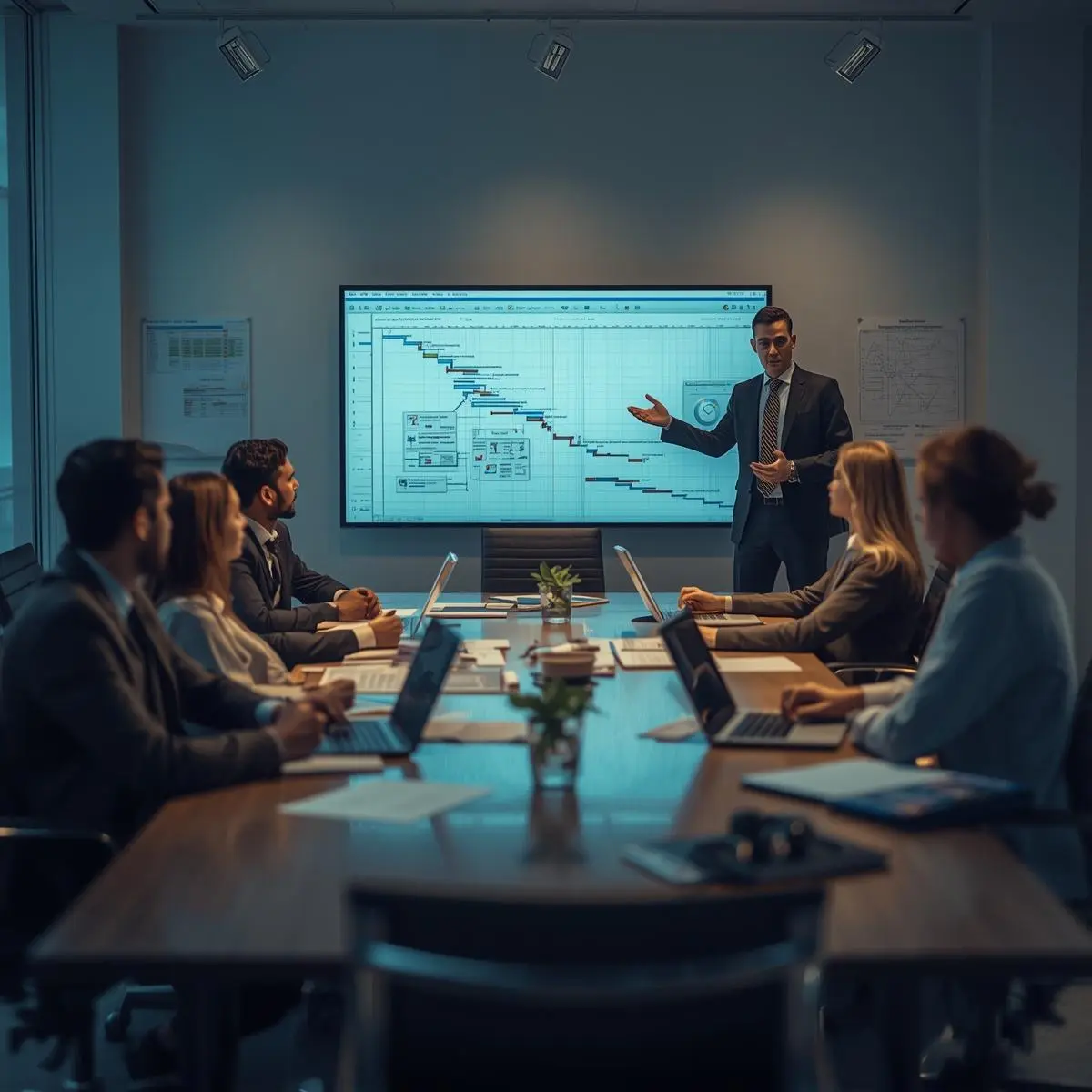 Project manager leading a professional training session with a diverse team discussing Gantt charts and project plans on a digital screen — representing leadership, teamwork, and career growth through PMP certification.