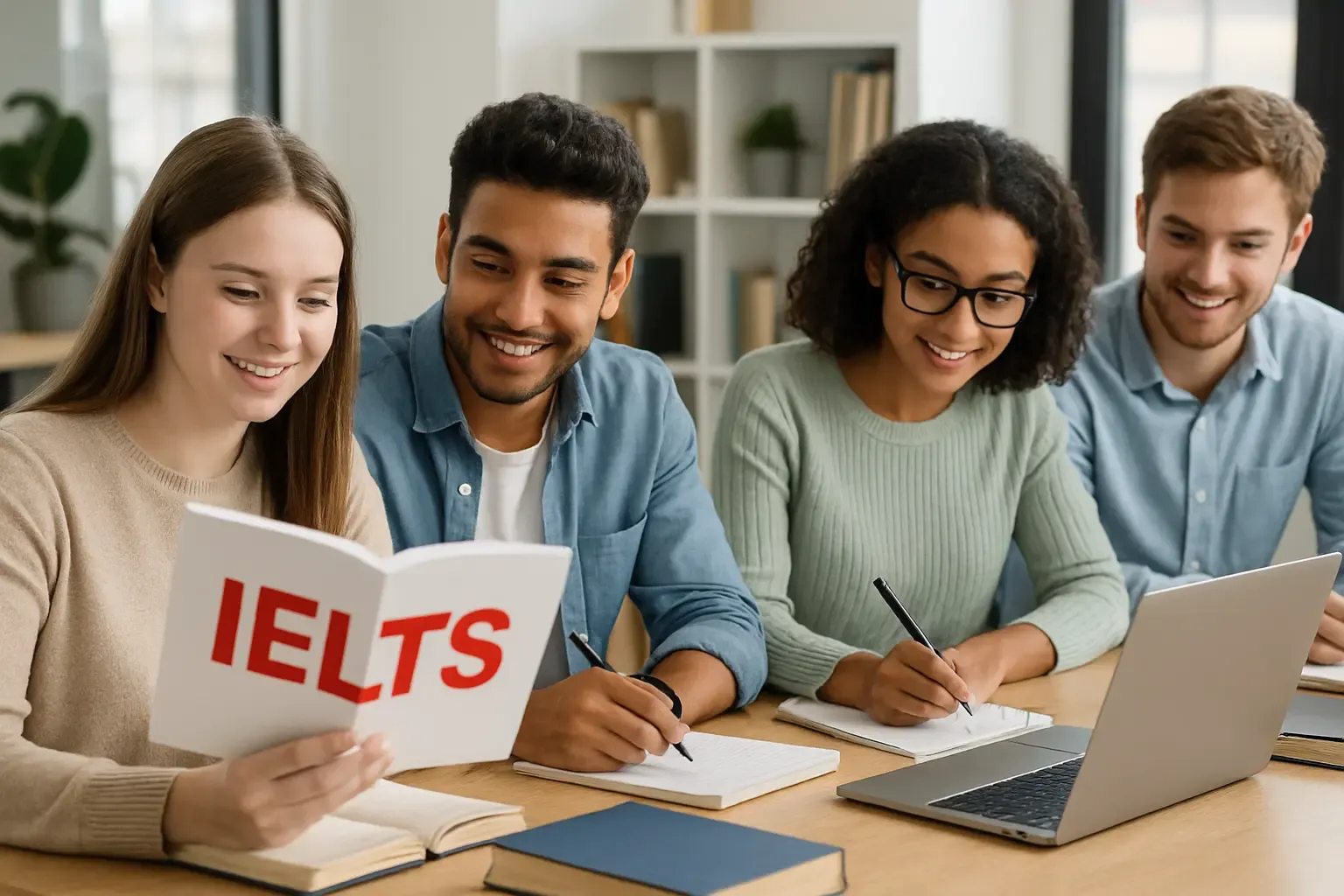 A group of young male and female students sit together in a bright, modern classroom, studying collaboratively for the IELTS exam with books, notebooks, and laptops on their desks, focused and engaged in a motivating, professional environment.