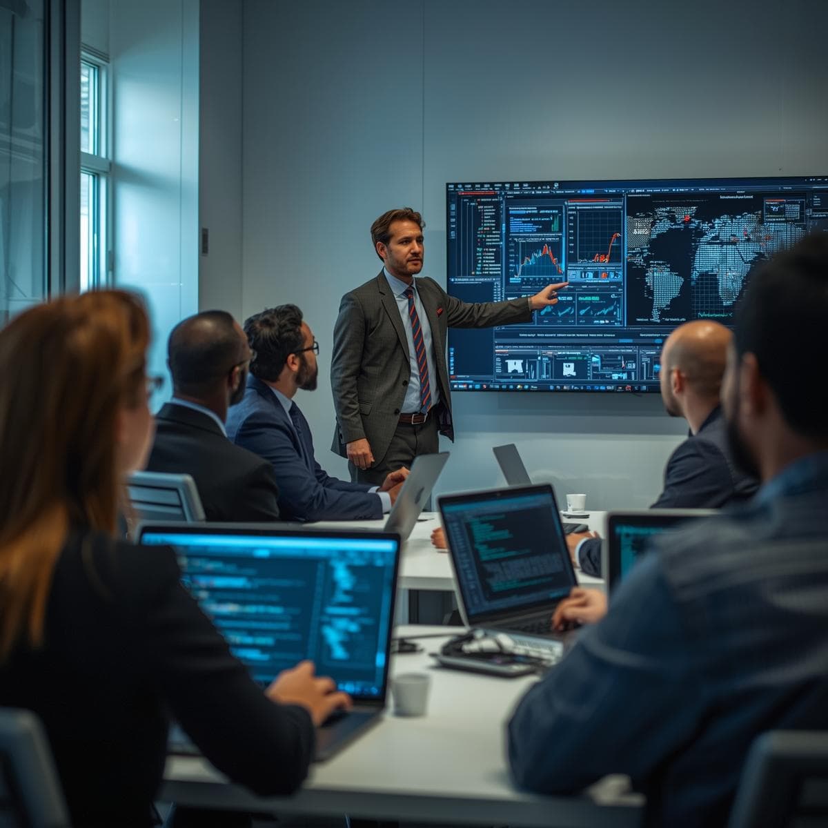 Cybersecurity instructor guiding professionals in a modern classroom with digital security visuals on screen, representing CompTIA Security+ training and career growth in the cybersecurity industry.