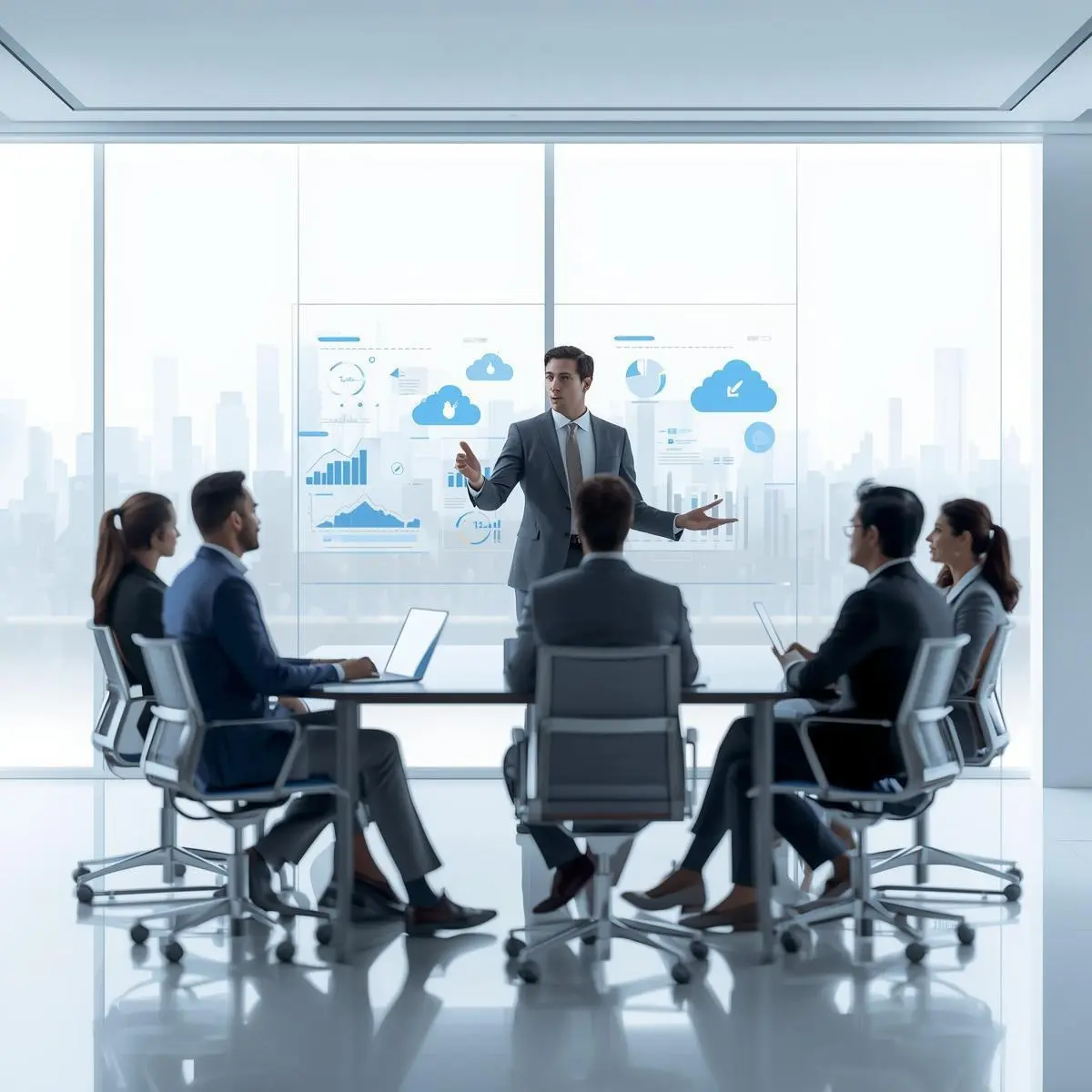 Professional corporate training session in a modern conference room, where a business presenter explains cloud-based charts and analytics on a screen to a group of seated professionals.