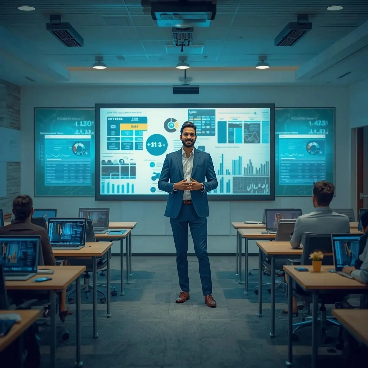 Zoomed-out view of a male instructor presenting accounting software training in a modern Abu Dhabi classroom with laptops, financial dashboards, ERP-style interfaces, and a professional blue and yellow corporate environment.