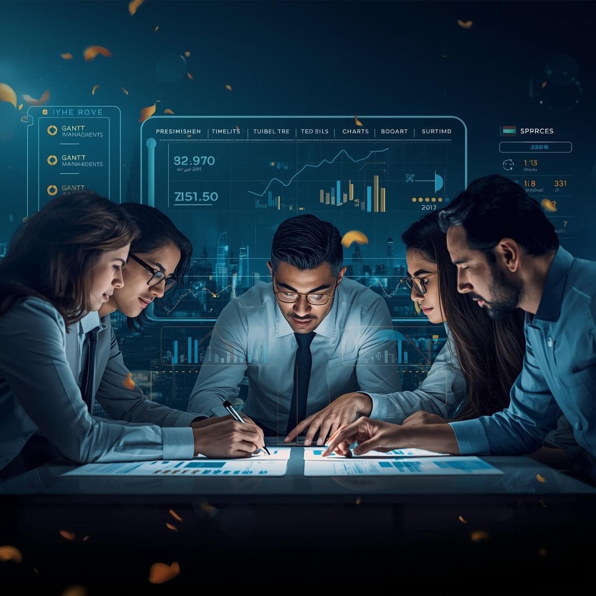 Team of UAE professionals collaborating around project dashboards and timelines, with subtle UAE skyline elements, representing project management skills empowering the UAE workforce.