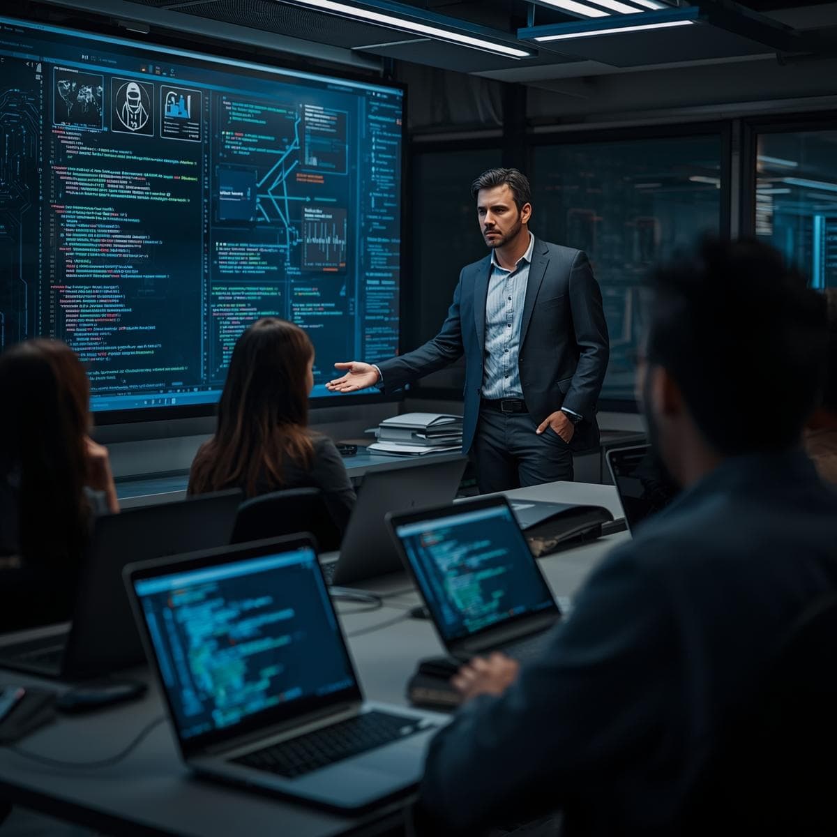 Cybersecurity instructor teaching ethical hacking in a modern classroom with students using laptops and digital screens showing code and network visuals — representing hands-on cybersecurity training and professional skill development.