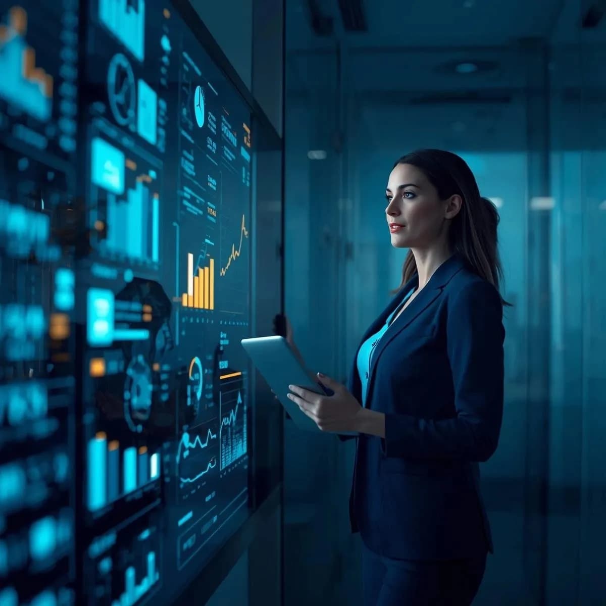 A professional woman in business attire stands in a modern office, holding a tablet while analyzing large digital dashboards filled with charts, graphs, and data analytics displayed on a glass screen. The scene has a blue-toned, high-tech atmosphere suggesting data analysis, business intelligence, or technology monitoring.