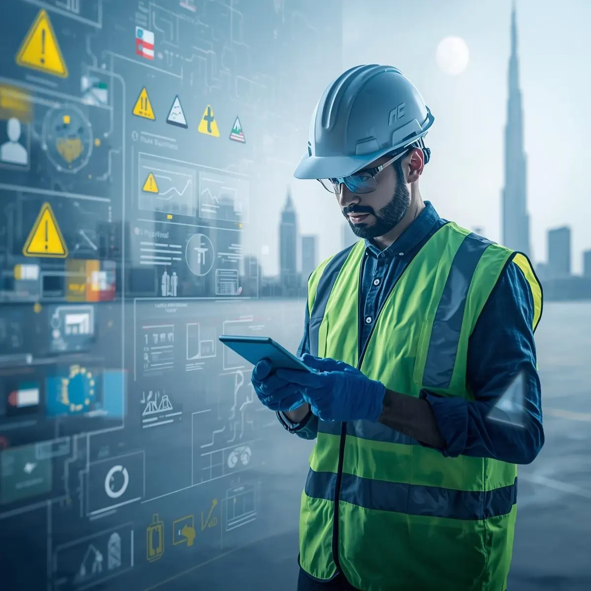 Modern NEBOSH IGC themed visual with a transparent Dubai skyline and UAE-inspired colors, representing health and safety training in the UAE.