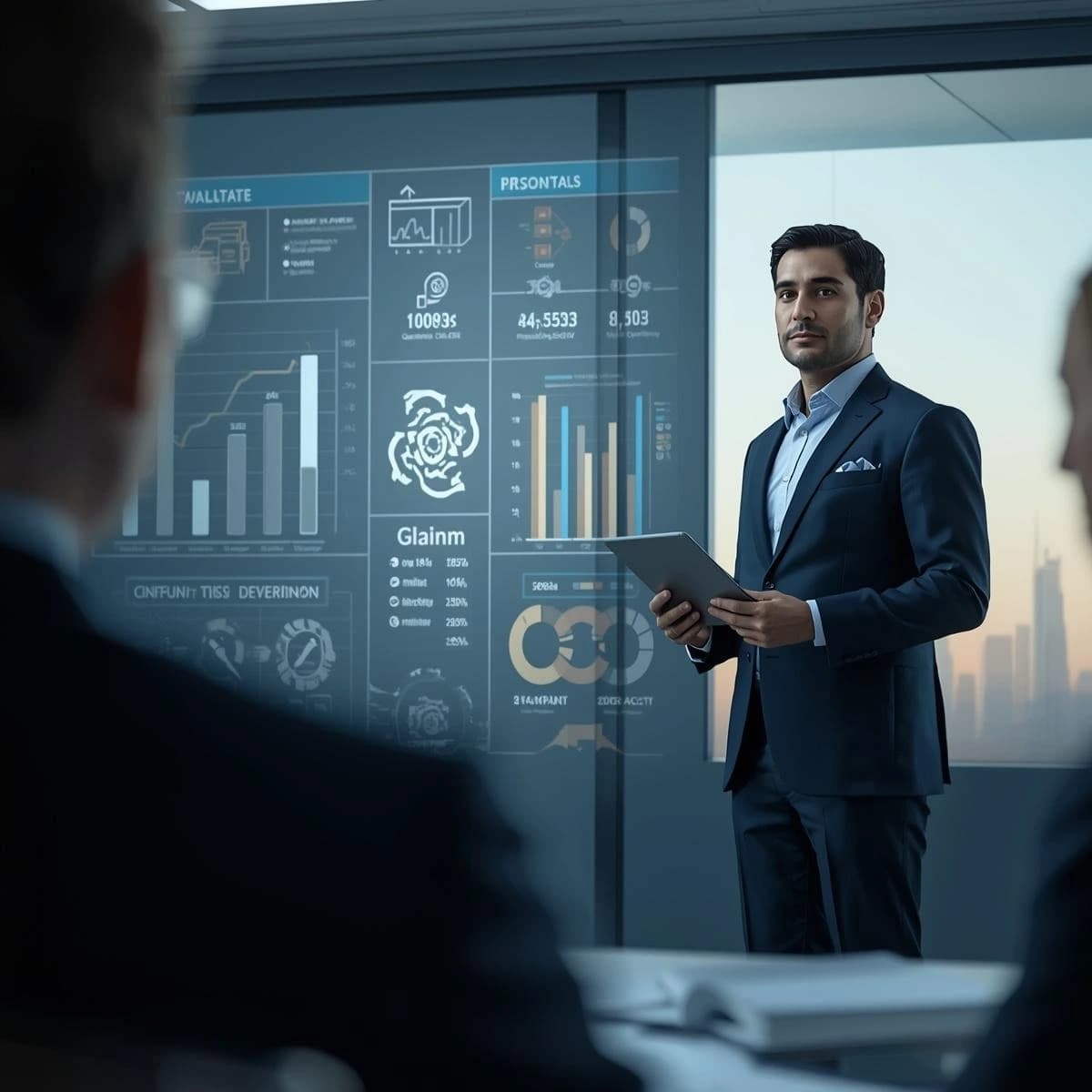Professional male instructor in a modern corporate training room, holding a tablet and presenting financial data and analytics charts on a digital screen to an audience, with a city skyline visible in the background.