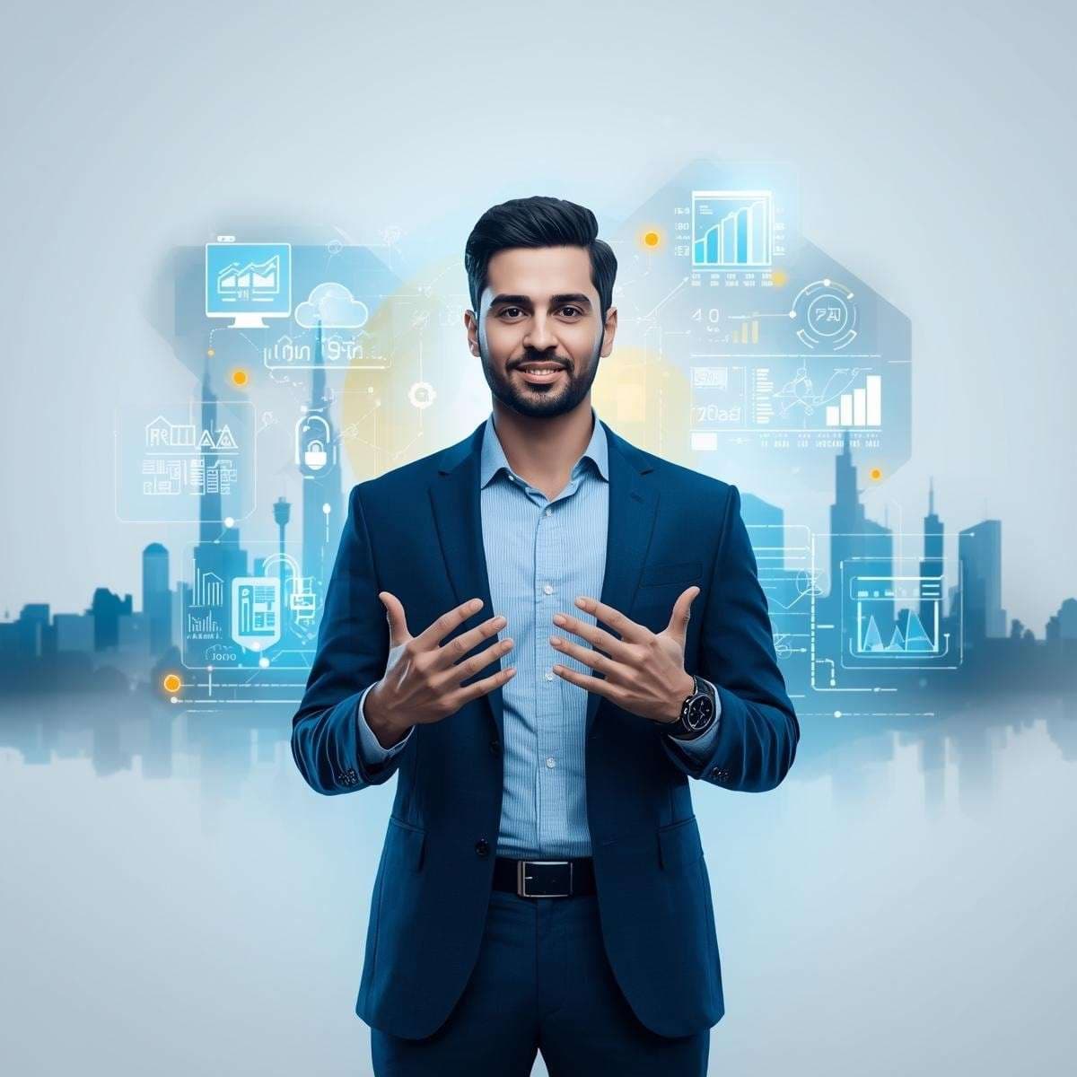 A well-dressed businessman in a navy suit stands in front of a city skyline backdrop with transparent digital graphics showing charts, graphs, cloud icons, and data analytics dashboards, suggesting technology, business growth, and data-driven strategy.