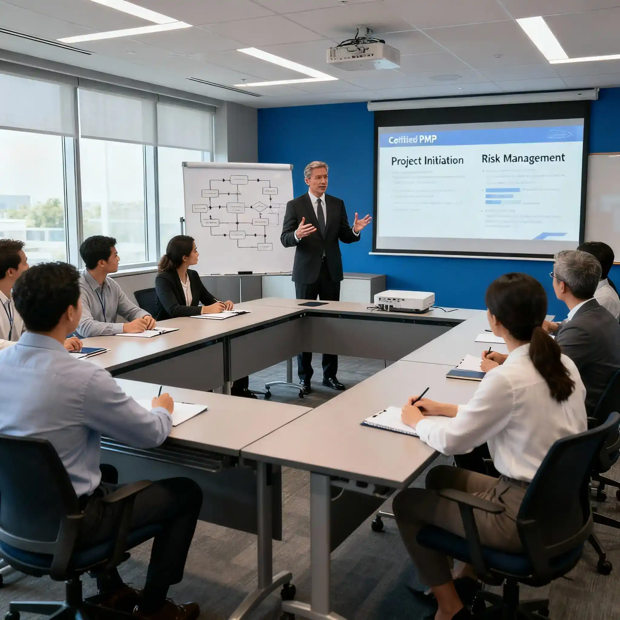 Professional PMP instructor in business suit teaching project management concepts to seated professionals in modern corporate classroom with presentation screen