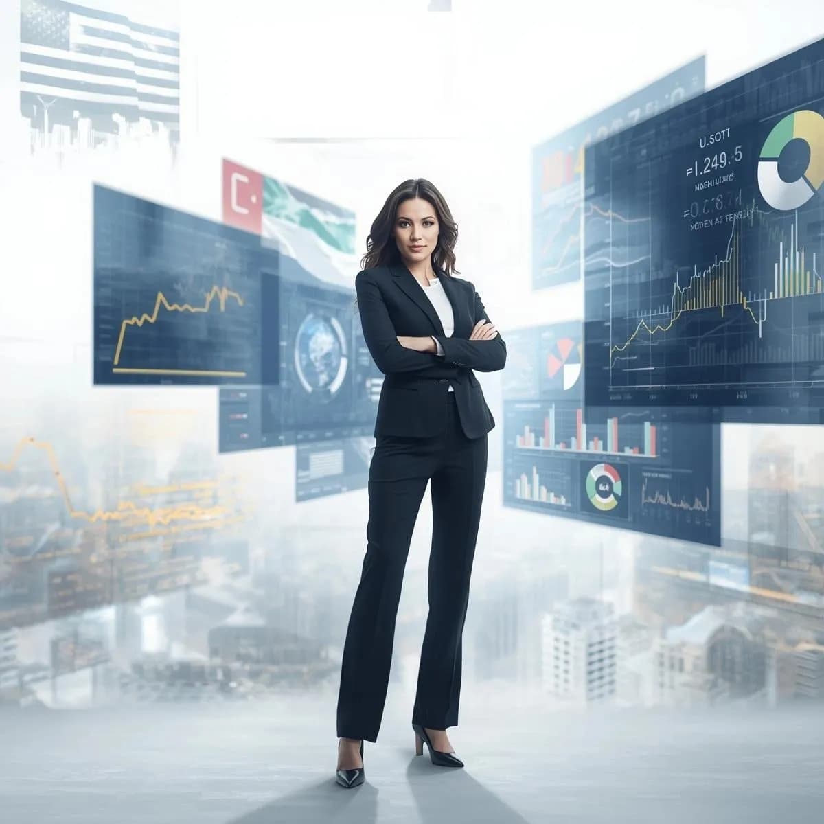 Confident businesswoman in a black suit standing with arms crossed in a modern office environment, surrounded by large digital screens displaying financial charts, data analytics dashboards, graphs, and market trends.
