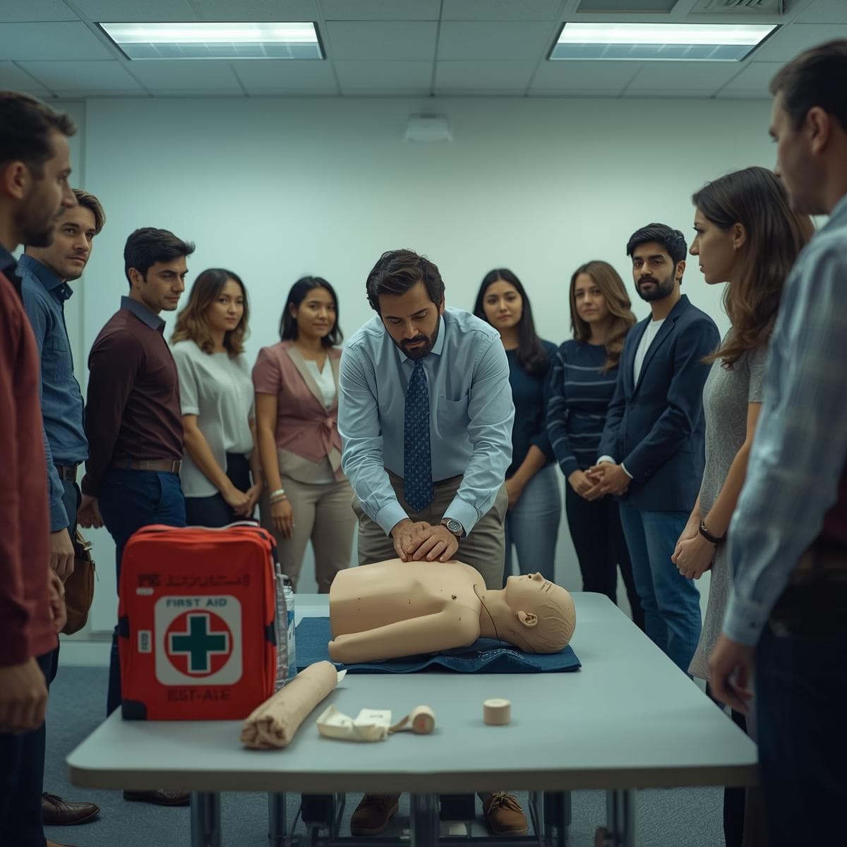 Certified instructor demonstrating CPR on a mannequin during a First Aid training session in Abu Dhabi, with diverse adult participants practicing in a bright, modern classroom — emphasizing safety, practical learning, and emergency response skills.