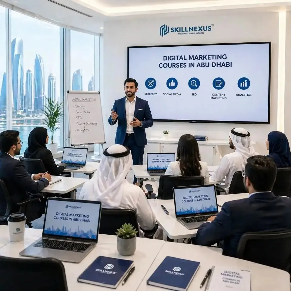 Digital marketing training session in Abu Dhabi with a professional instructor presenting to a classroom of students using laptops. A large screen displays “Digital Marketing Courses in Abu Dhabi” covering strategy, social media, SEO, content marketing, and analytics, while attendees in business and traditional attire listen in a modern office setting with a city skyline view.