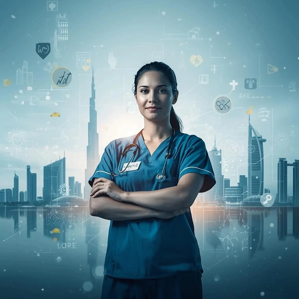 Female healthcare instructor leading professional medical training courses in Abu Dhabi and Dubai with healthcare classroom and UAE skyline background