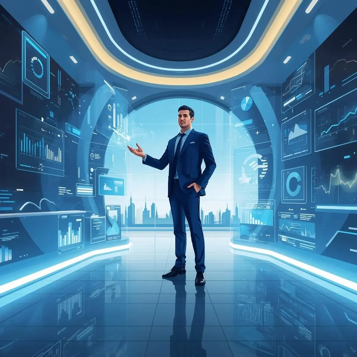 A professional businessman in a blue suit stands in a futuristic digital room surrounded by interactive data dashboards, charts, and analytics screens. He gestures confidently as if presenting insights, with a modern city skyline visible in the background, representing data analysis, business intelligence, and technology-driven decision-making.
