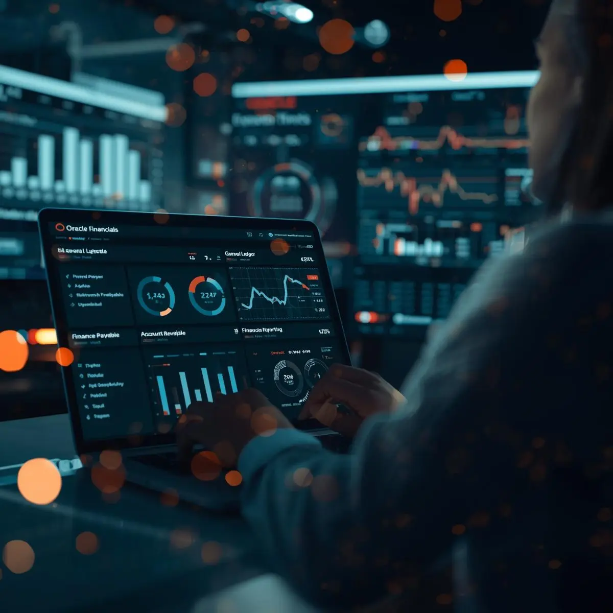 Finance professional analyzing Oracle Financials dashboards on a digital screen, representing how Oracle Financials training supports a future-ready finance career