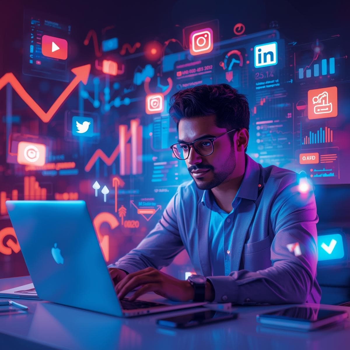 Digital marketing professional working with analytics dashboards, surrounded by social media icons and growth symbols, representing a guide to building a thriving digital marketing career in 2025.