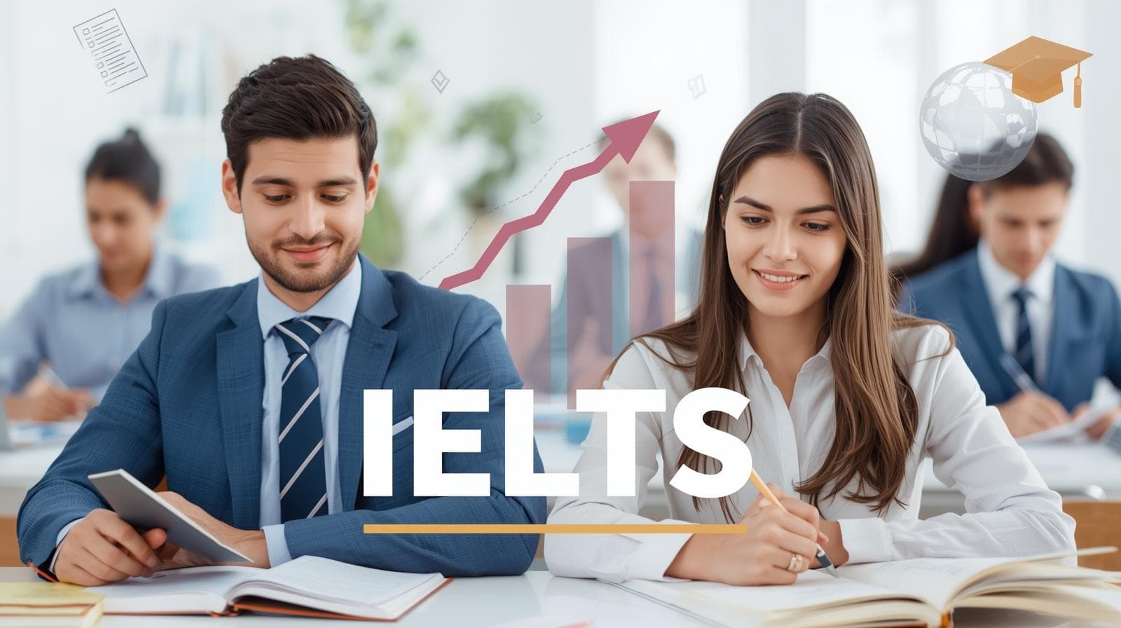 Confident students studying with books and notes, with symbols of IELTS success like checkmarks and progress arrows, representing how an English foundation course supports IELTS achievement.