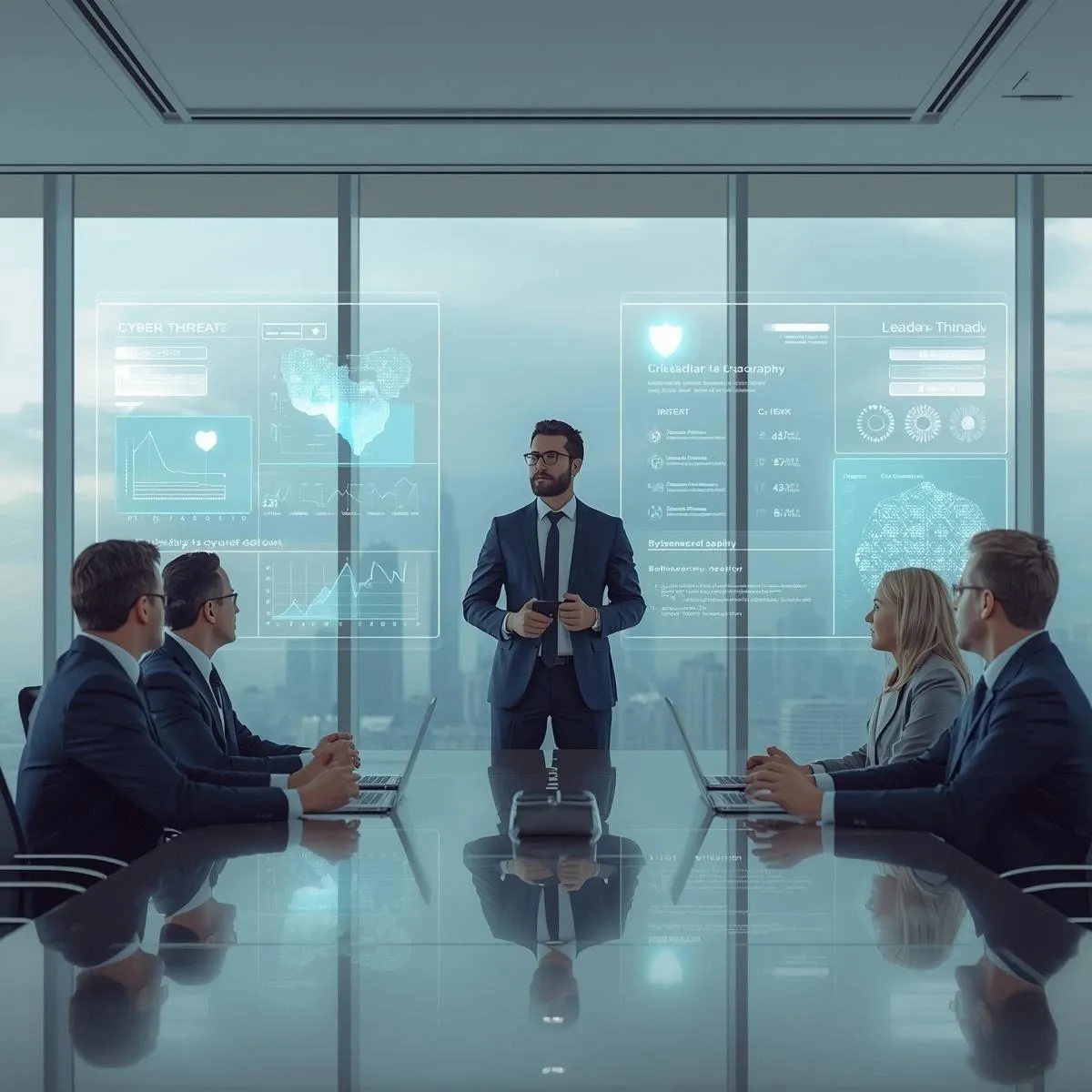 Executive cybersecurity training in Abu Dhabi featuring a business leader presenting digital threat analysis, network security visuals, and risk management dashboards in a modern corporate boardroom with subtle cyber-themed background elements.