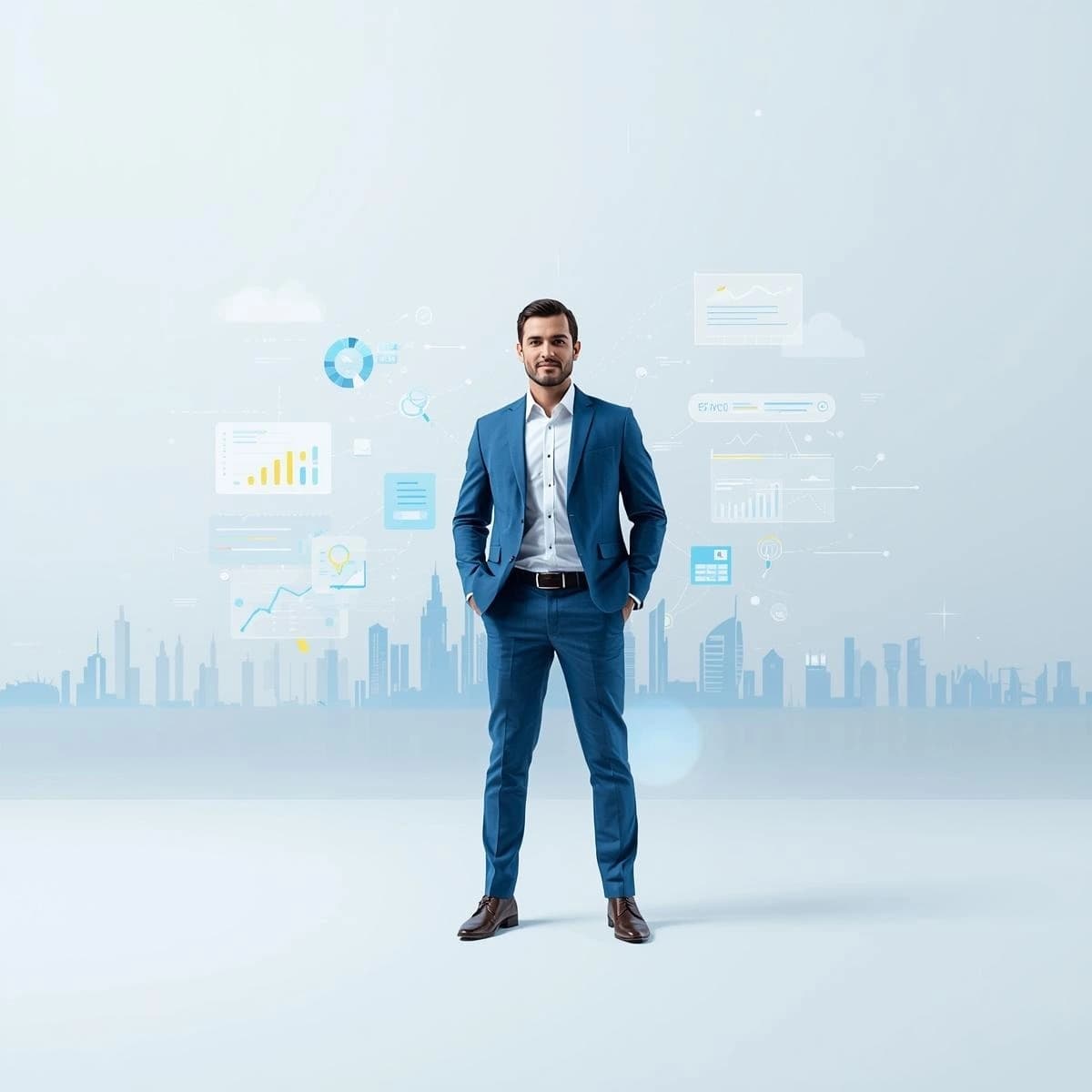 Professional male standing confidently against a clean blue and white background with subtle digital marketing analytics visuals and abstract growth graphics, symbolizing professional marketing training in the UAE.