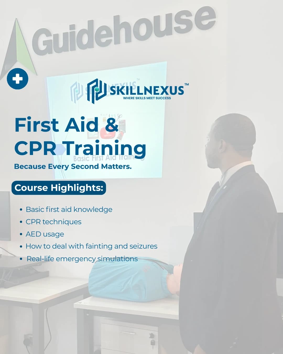 A professional first aid responder in a modern uniform using a digital tablet displaying virtual CPR training, AI-powered first aid simulations, and certification icons, with medical symbols including a heart monitor, first aid cross, and wearable health technology.