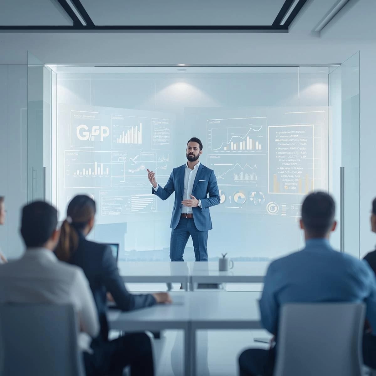 A male instructor in a blue business suit stands at the front of a modern office-style classroom, presenting data charts and dashboards on a transparent digital screen to a group of seated professionals attentively listening.