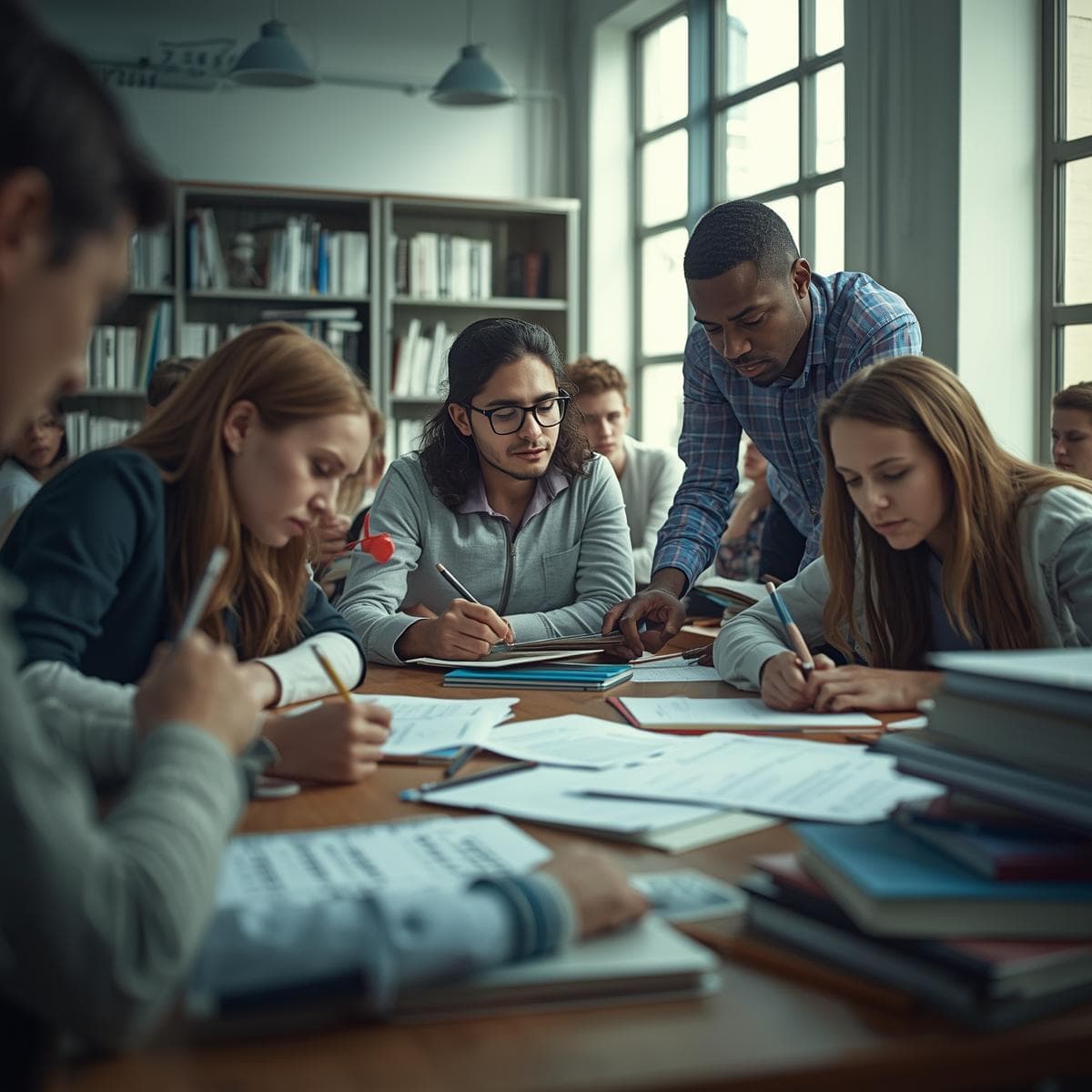 Diverse group of students studying for the SAT exam in a bright, modern classroom with a tutor guiding them through practice questions — representing focus, learning, and test-day preparation.