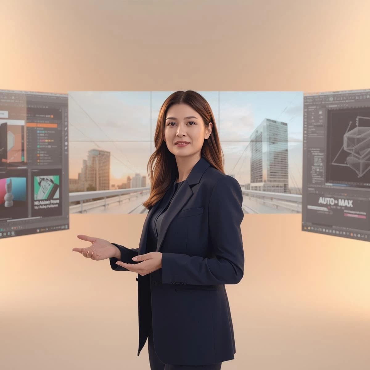 Confident female instructor in a modern creative lab with realistic graphic design software interfaces displayed on multiple screens in a clean professional environment